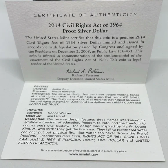 2014 Civil Rights Act of 1964 Proof Silver Dollar with COA - Picture 6 of 9